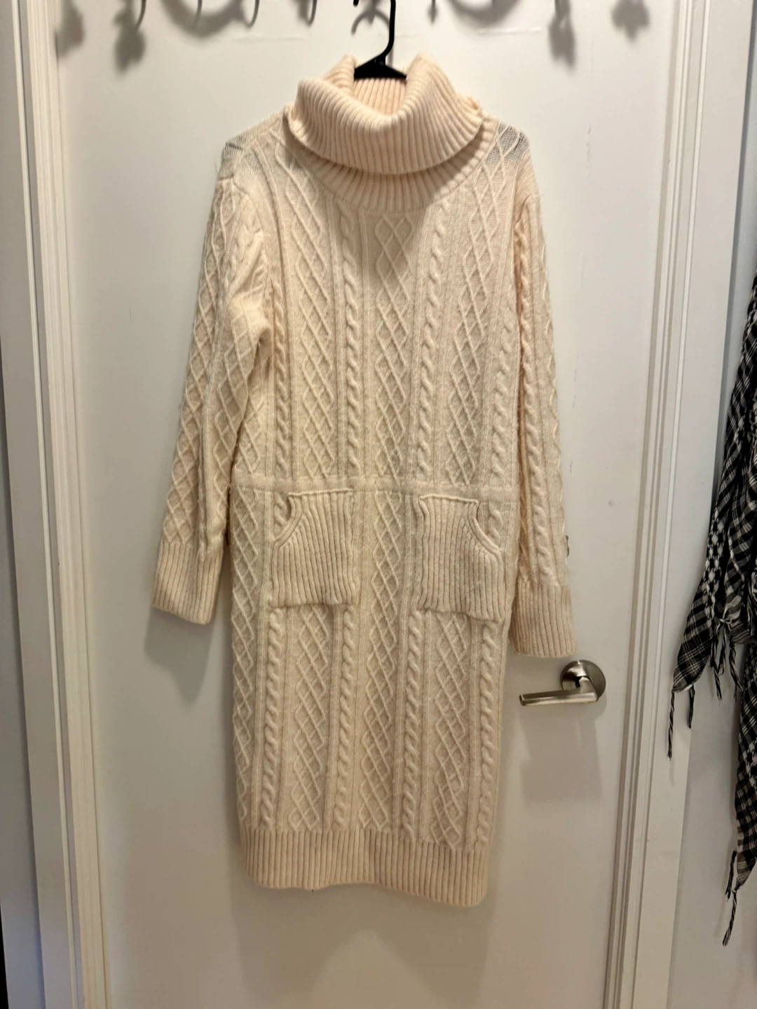 Cream Cable Knit Turtleneck Sweater Dress with Pockets
