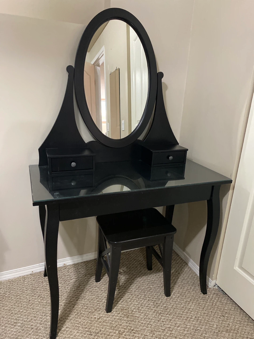 Black Vanity Desk with Oval Mirror and Stool