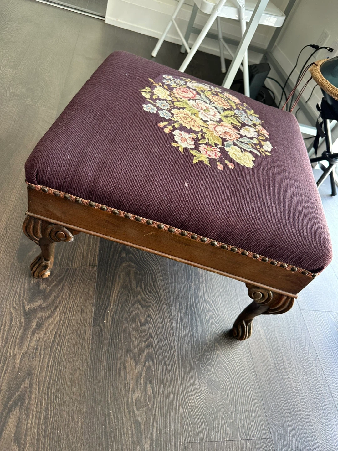 Vintage Footstool Ottoman with Floral Needlepoint - photo 3