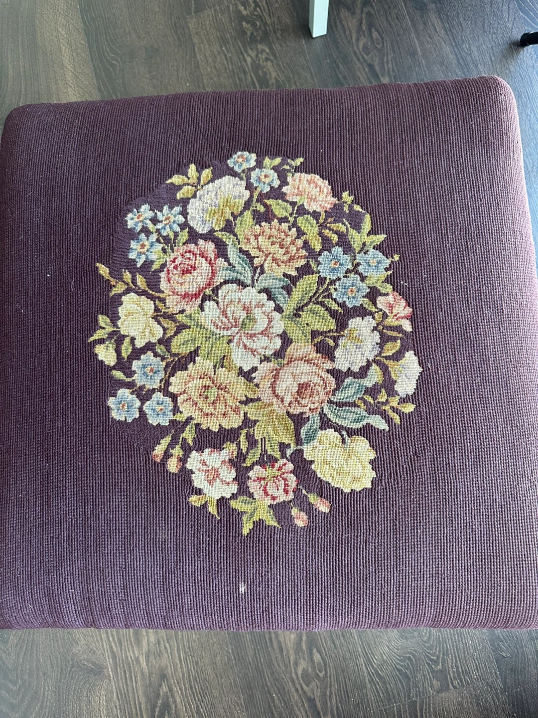 Vintage Footstool Ottoman with Floral Needlepoint - photo 2