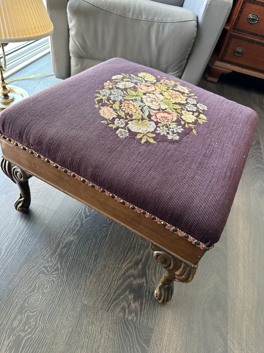 Vintage Footstool Ottoman with Floral Needlepoint