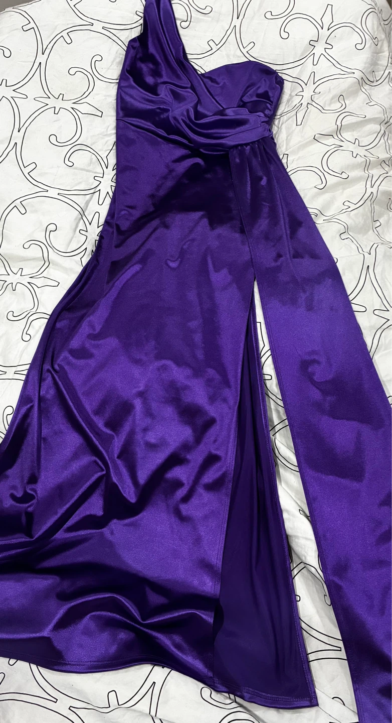 Purple One-Shoulder Satin Gown with High Slit