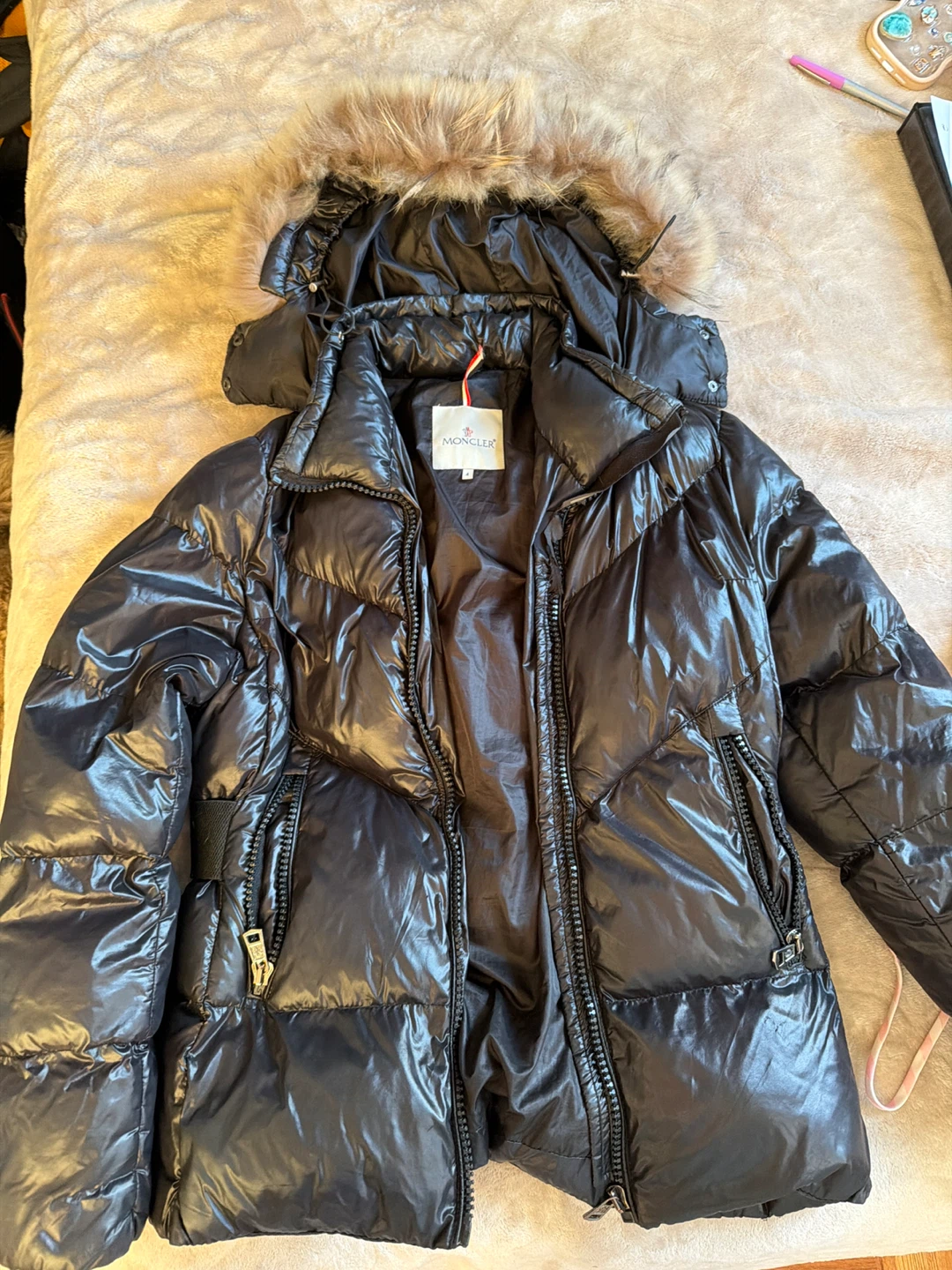 Moncler Black Puffer Jacket with Fur Hood