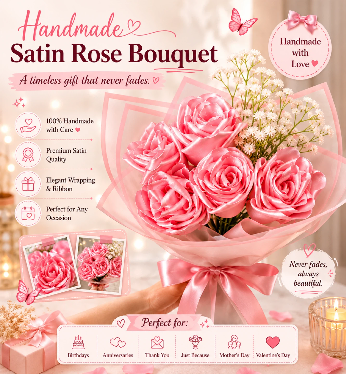 Handmade Satin Rose Bouquet