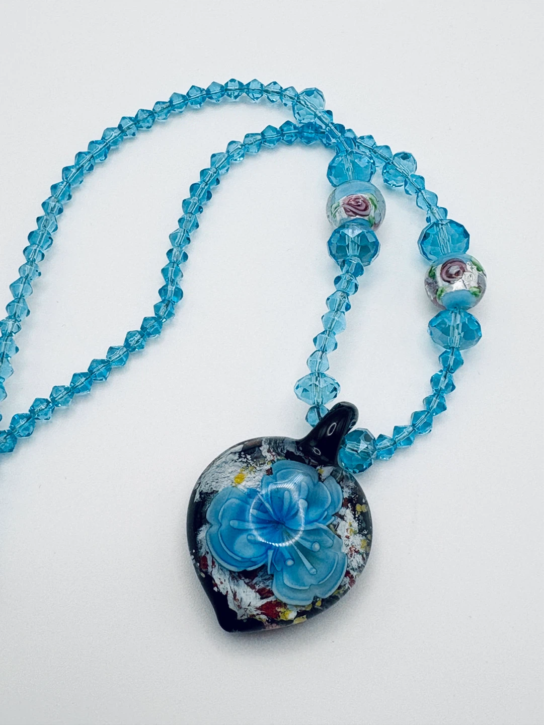Vintage Blur Glass Pendant Necklace with Flower - photo 4