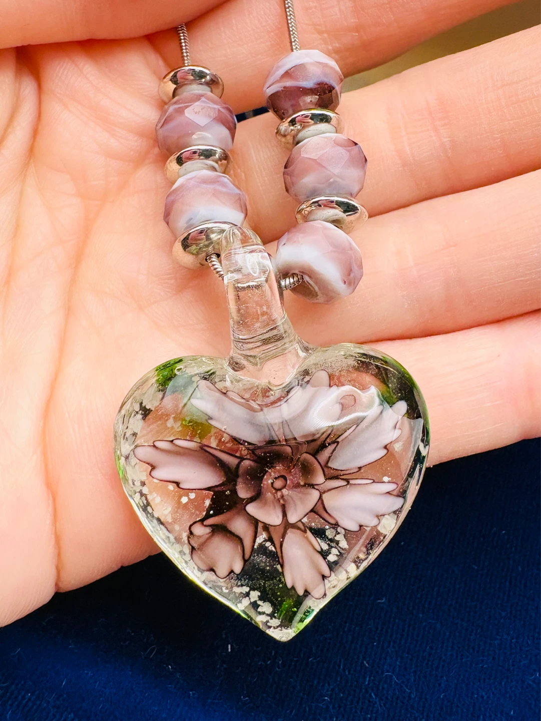 Vintage Glass Heart Flower Pendant Necklace with Beads