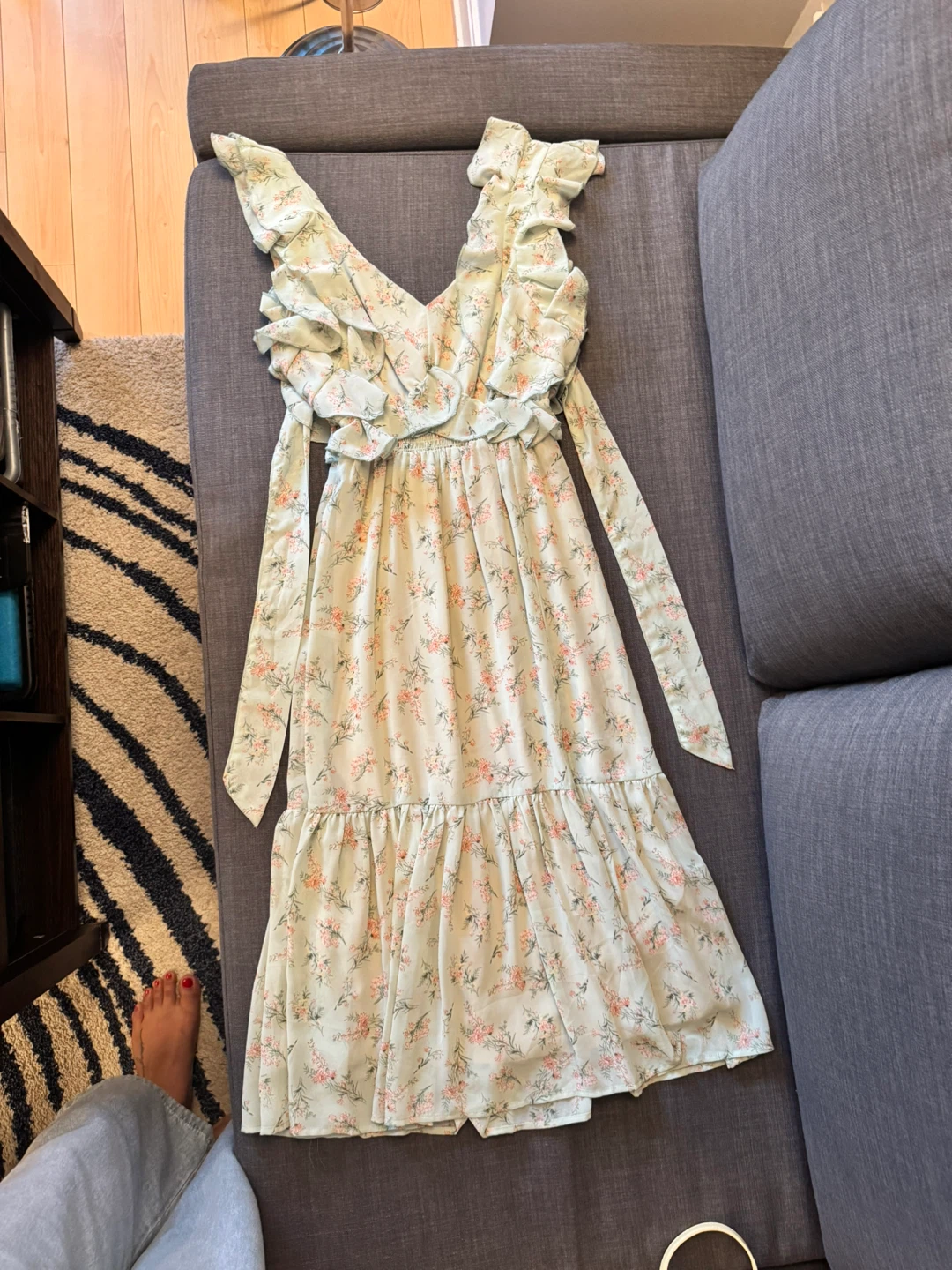Light moss green Floral Ruffle Dress