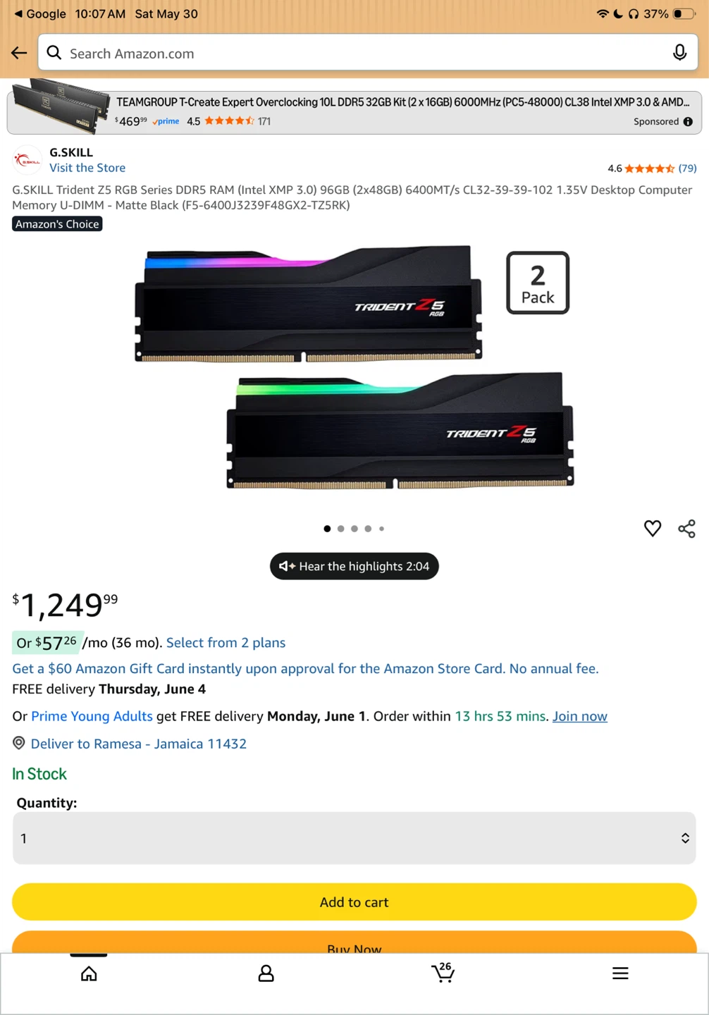 G.SKILL Trident Z5 RGB DDR5 RAM 96GB (2x48GB) 6400MHz