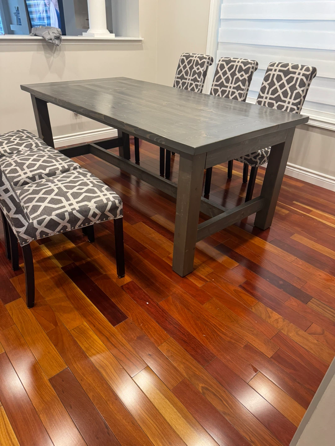 Rustic Farmhouse Dining Table with Upholstered Chairs and Bench - photo 5