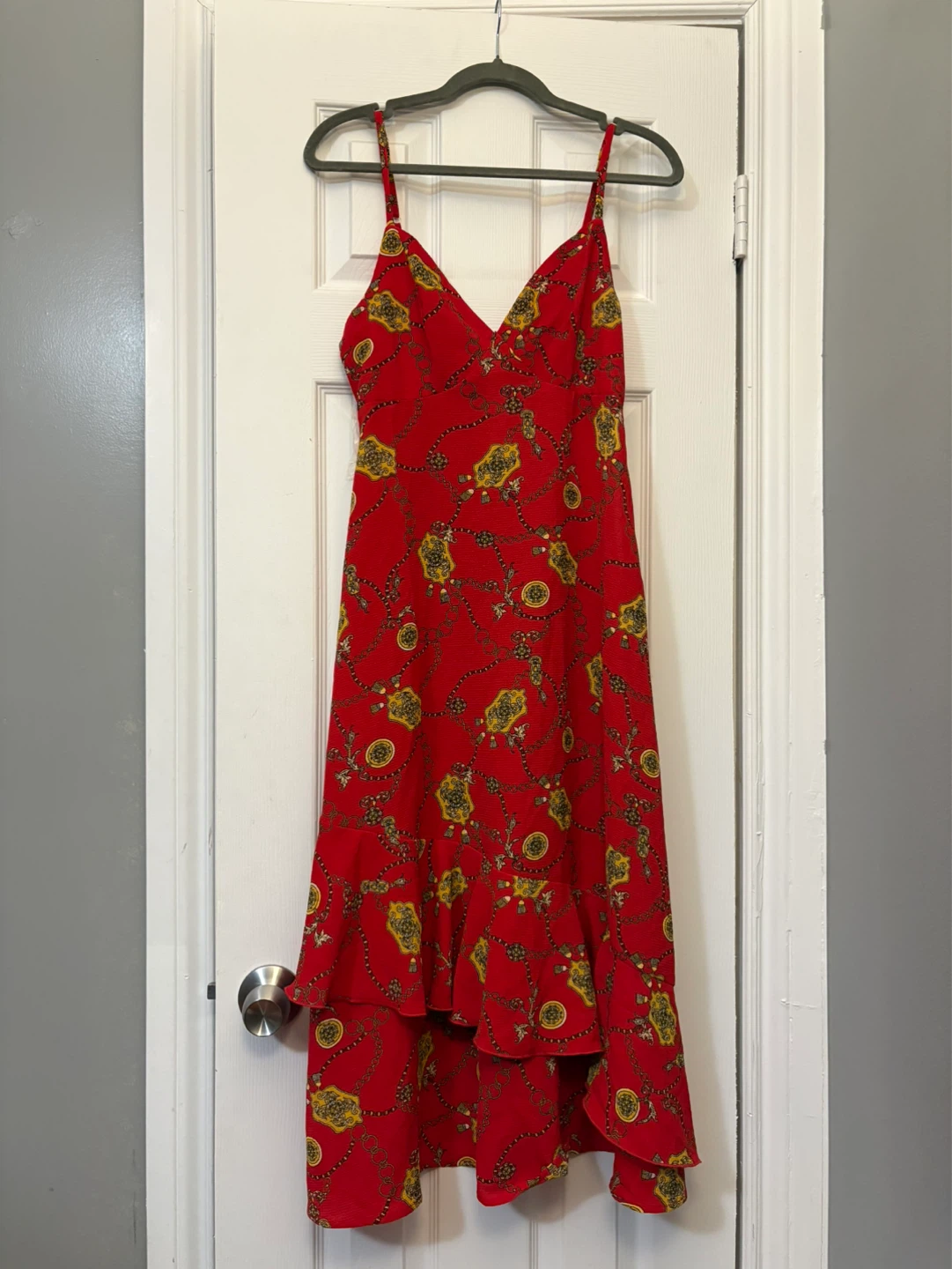 Red Chain Print Ruffle Dress