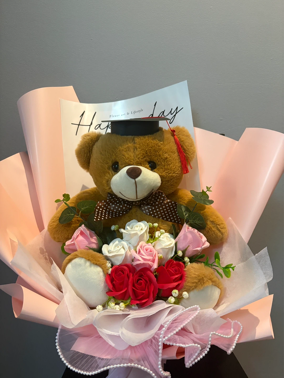 Graduation Teddy Bear Bouquet with Flowers