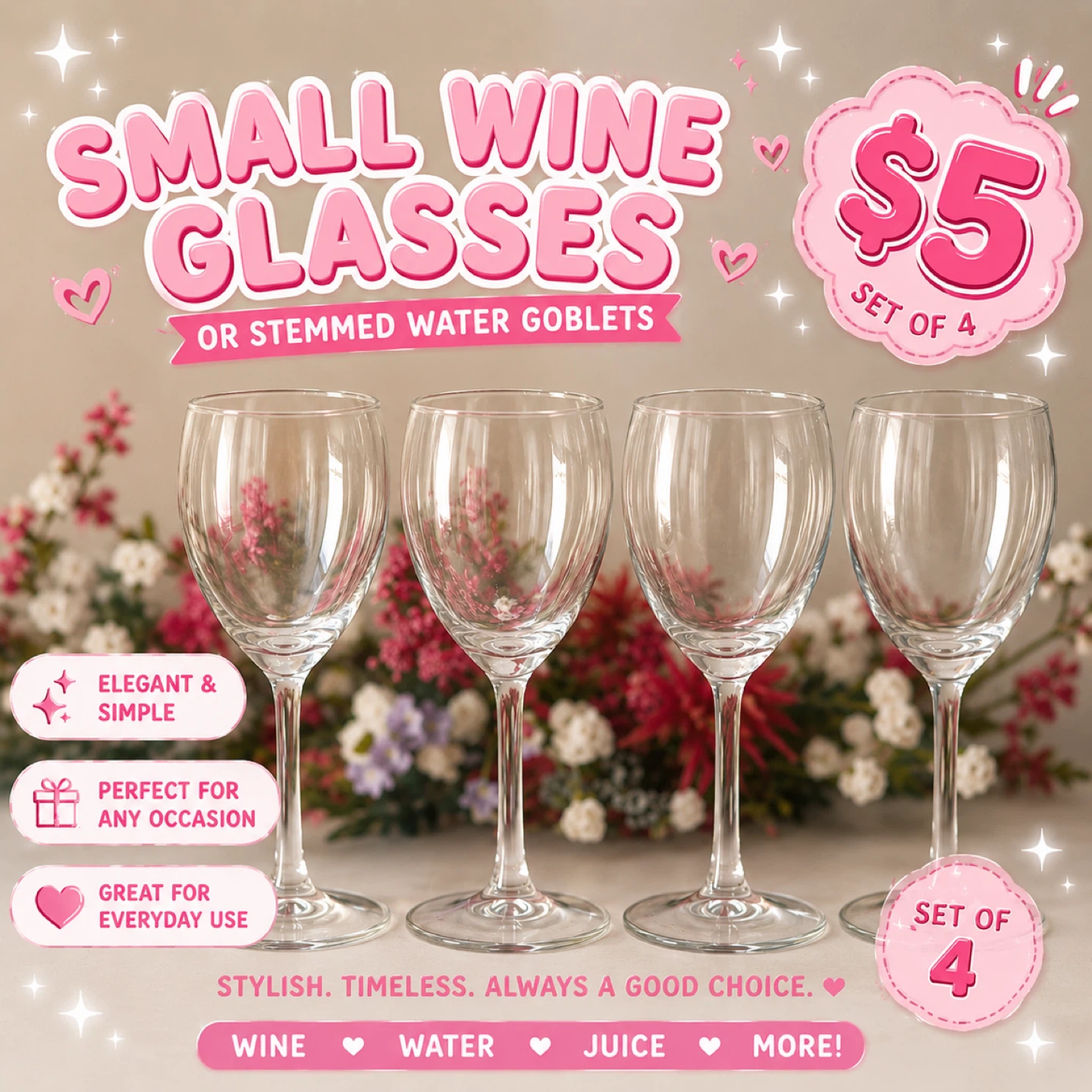 Set of 4 Small Wine Glasses / Stemmed Water Goblets