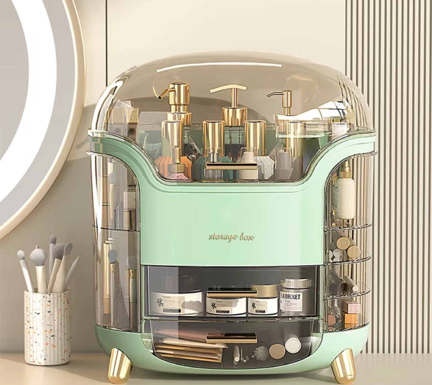 Mint Green Makeup Organizer with Clear Lid