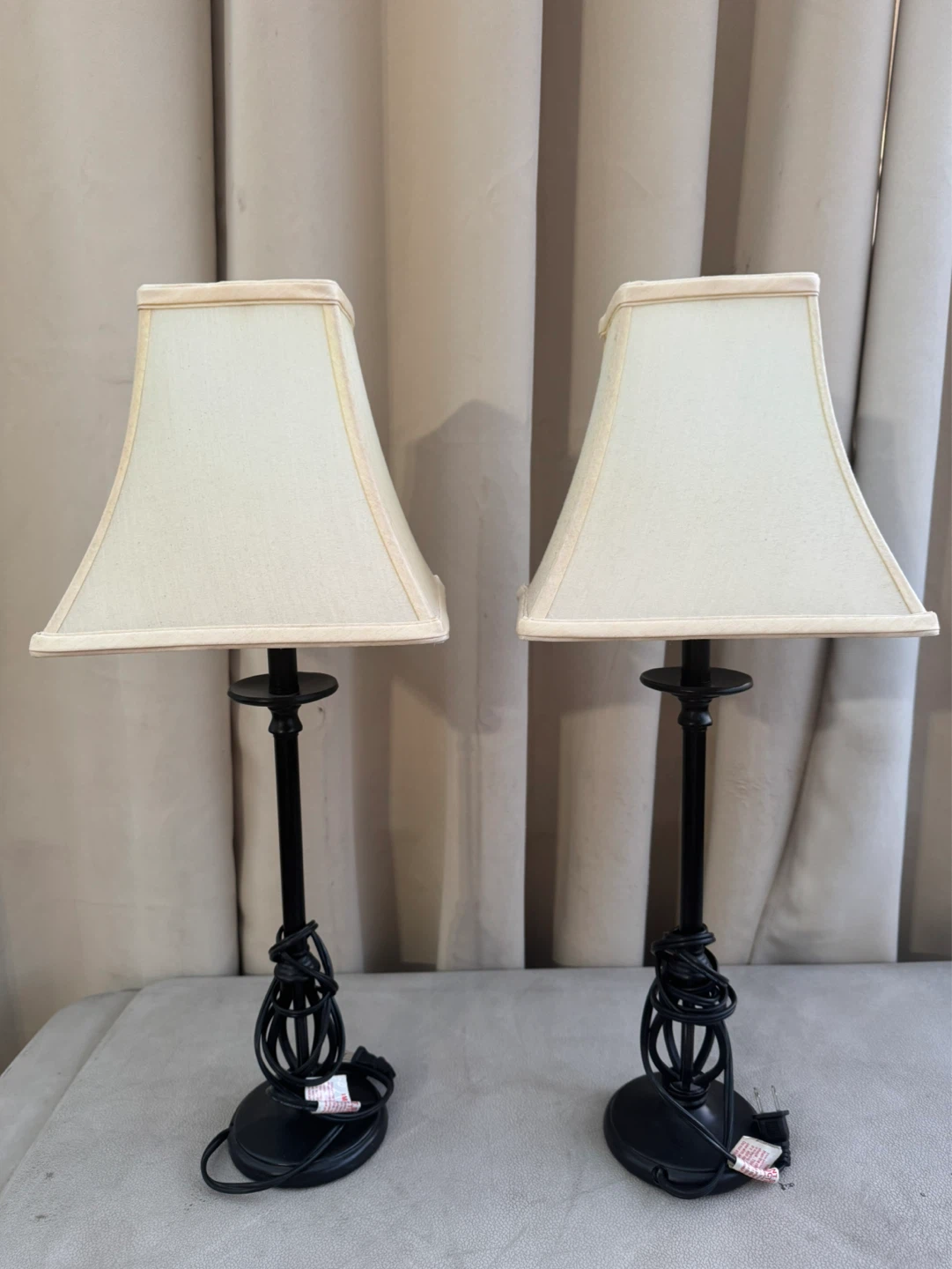 Pair of Black Table Lamps with Cream Shades