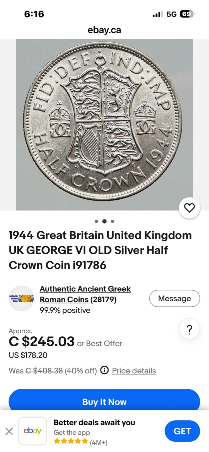 Vintage Silver 1941 Great George VI Silver Half Crown Coin - photo 2