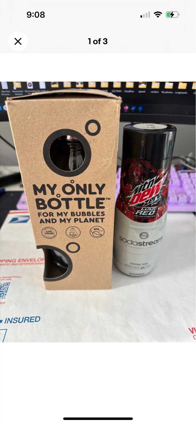 SodaStream Bottle and Mountain Dew Zero Sugar Drink Mix