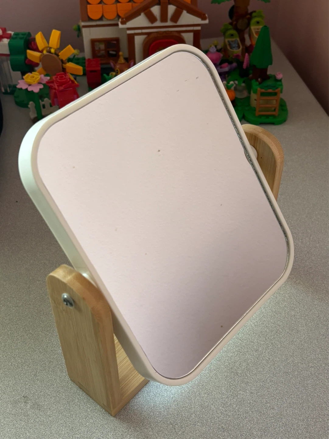 White Square Vanity Mirror with Wood Stand