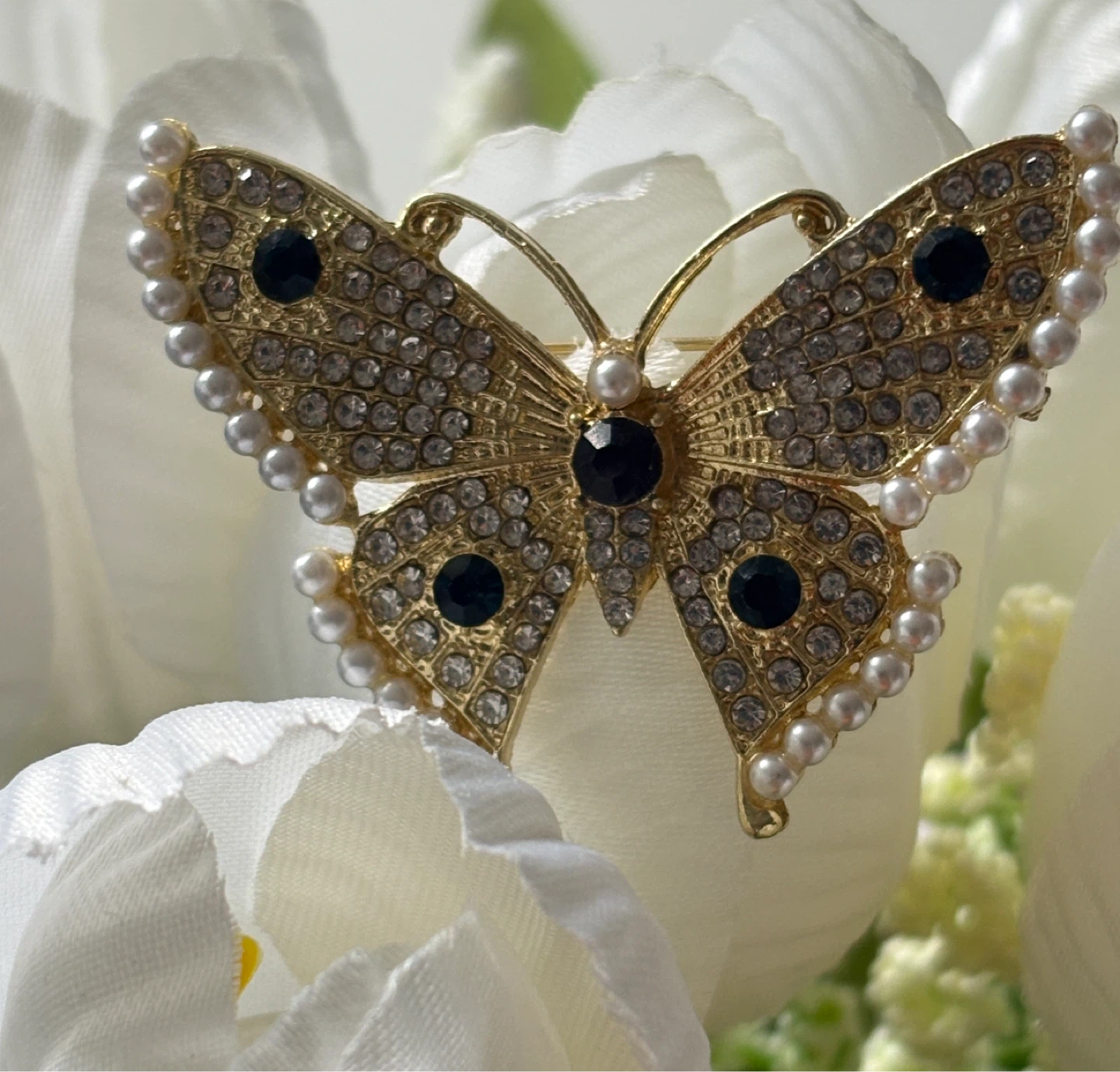 Gold Tone Butterfly Brooch with Pearls and Rhinestones