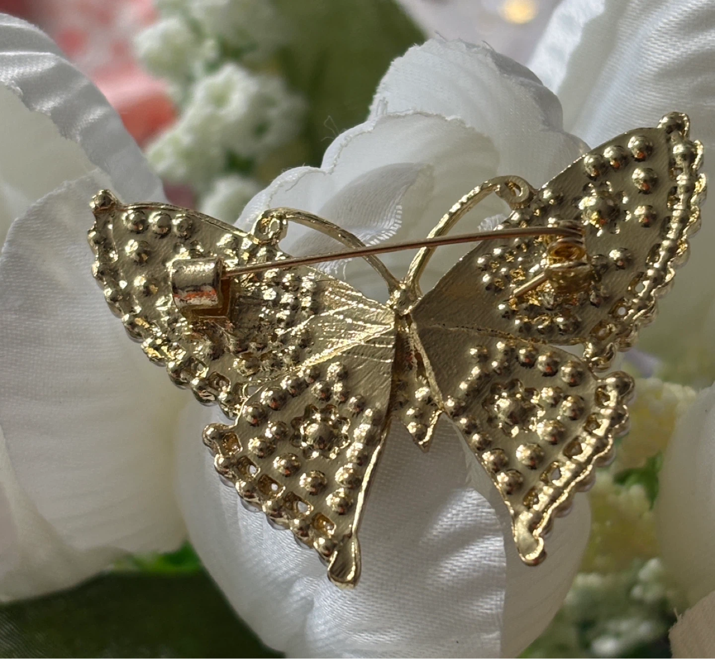 Gold Tone Butterfly Brooch with Pearls and Rhinestones - photo 4