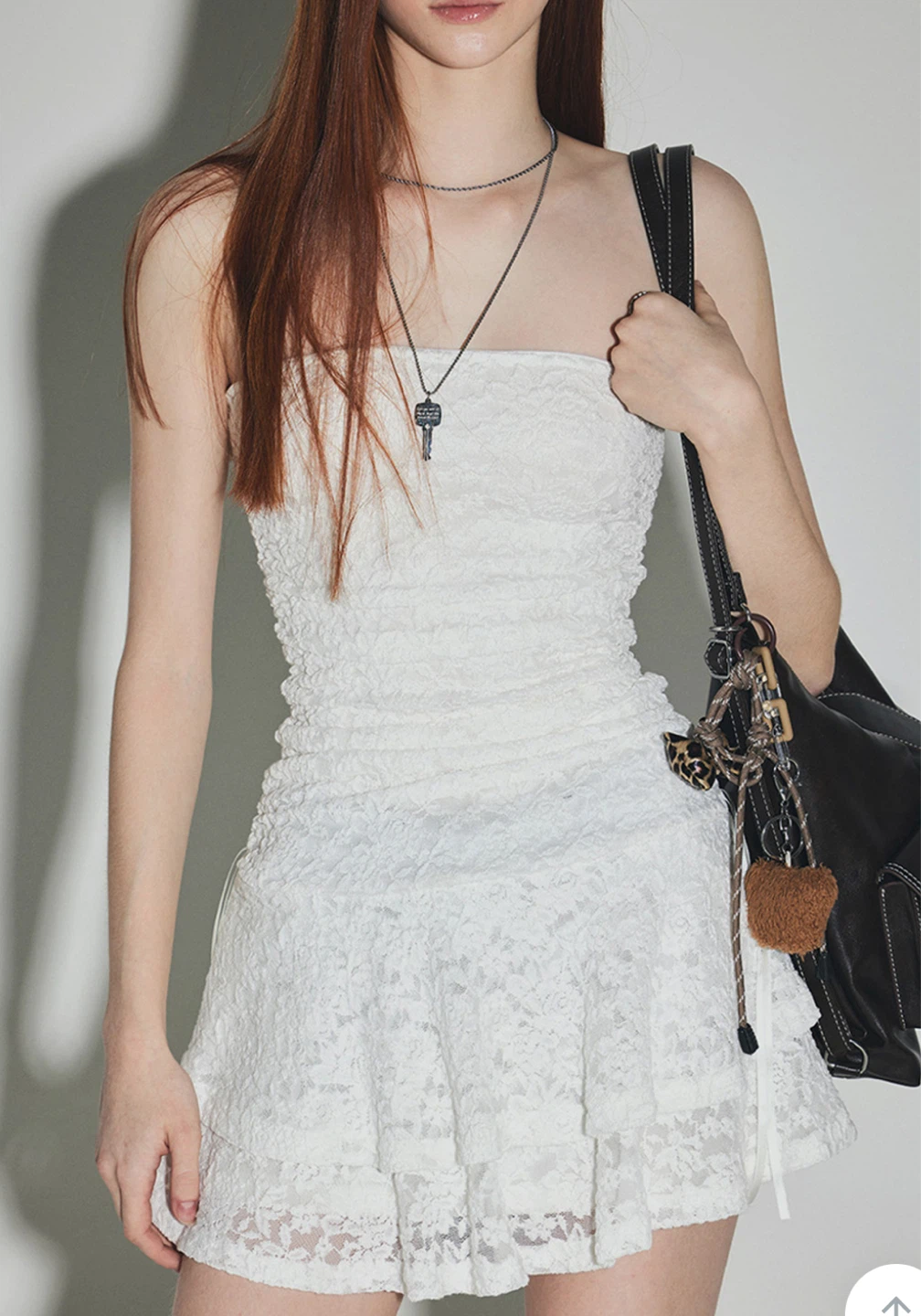 White Lace Ruched Strapless Dress