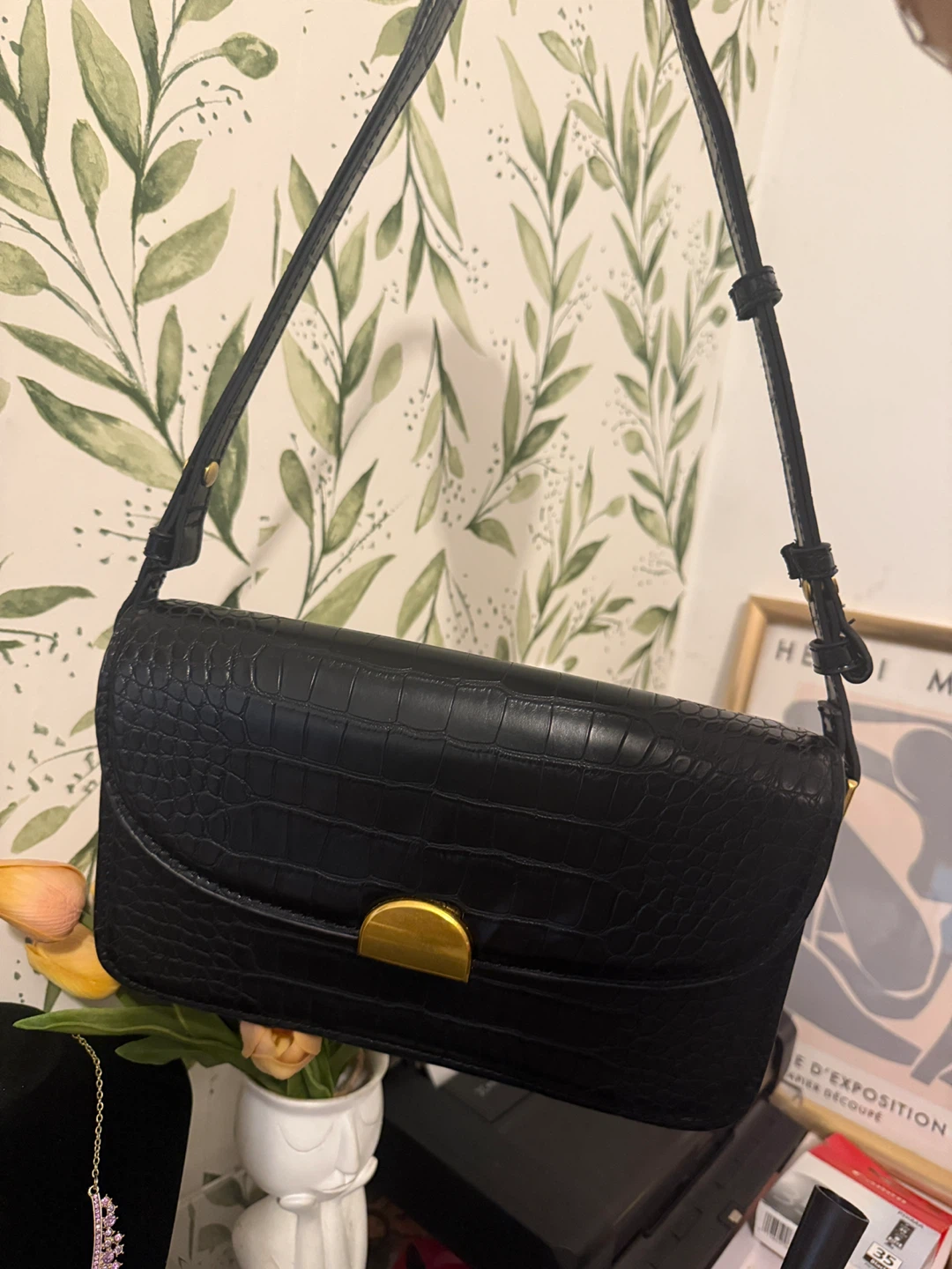 Black Croc Embossed Shoulder Bag