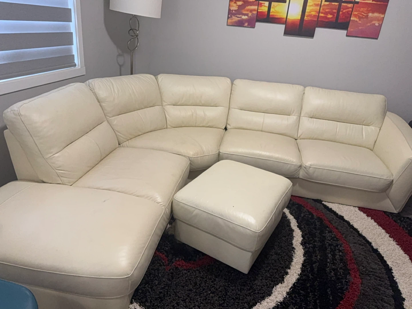 Cream Leather Sectional Sofa with Ottoman
