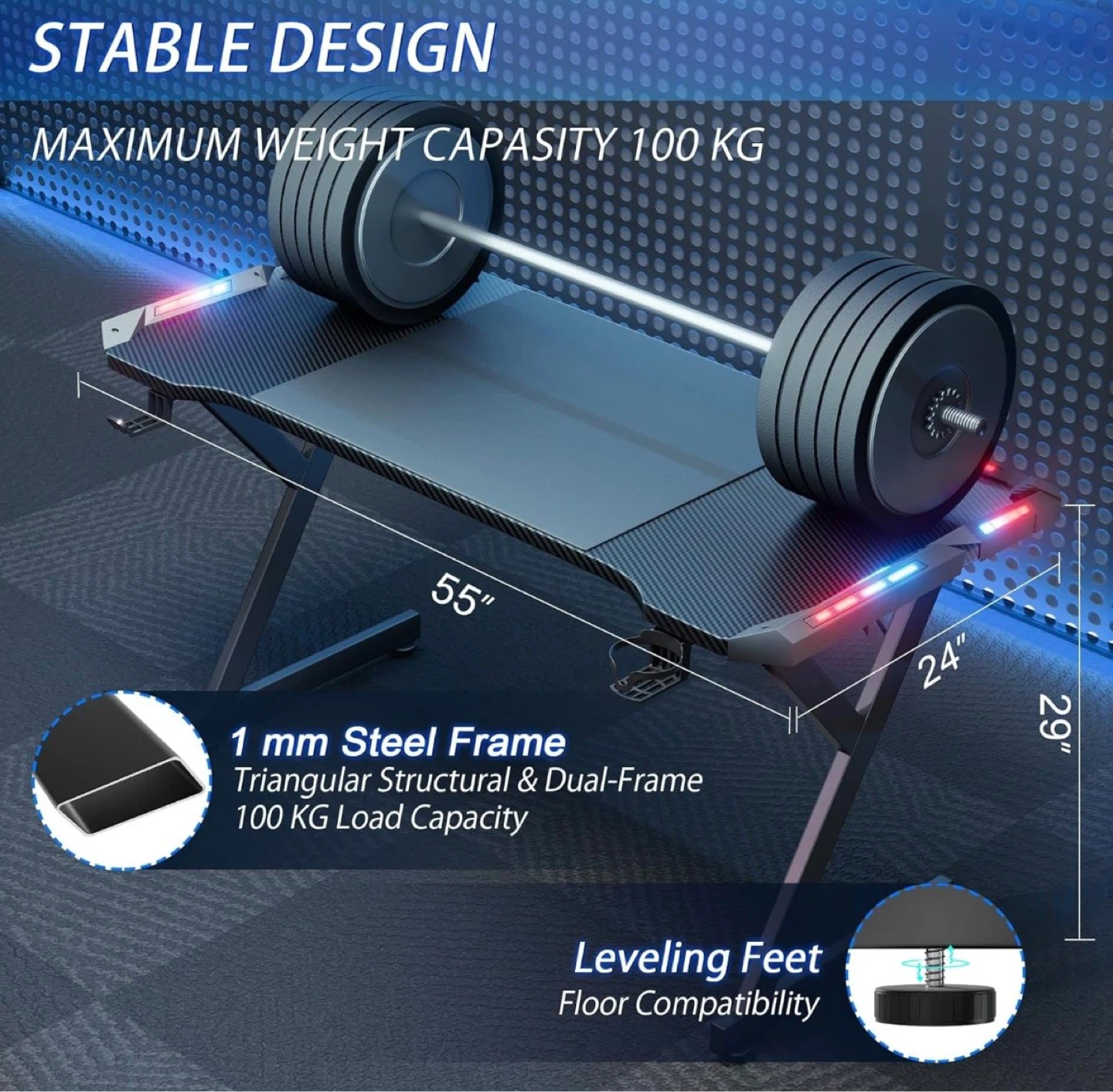 Gaming Desk with RGB Lights and 100kg Capacity - photo 2