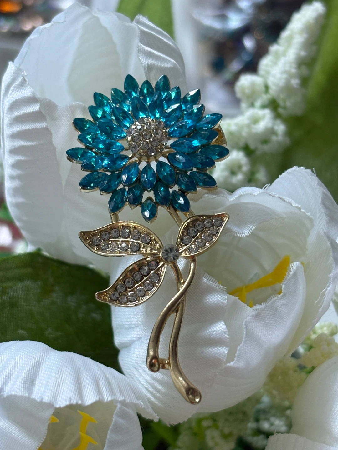 Turquoise Crystal Flower Brooch Pin
