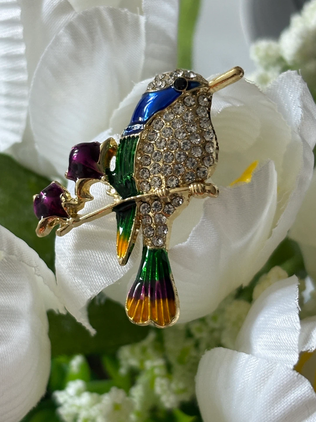 Gold Tone Hummingbird Brooch with Rhinestones