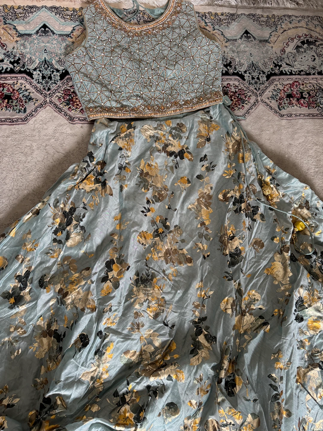Light Blue Floral Beaded Top and Skirt Set