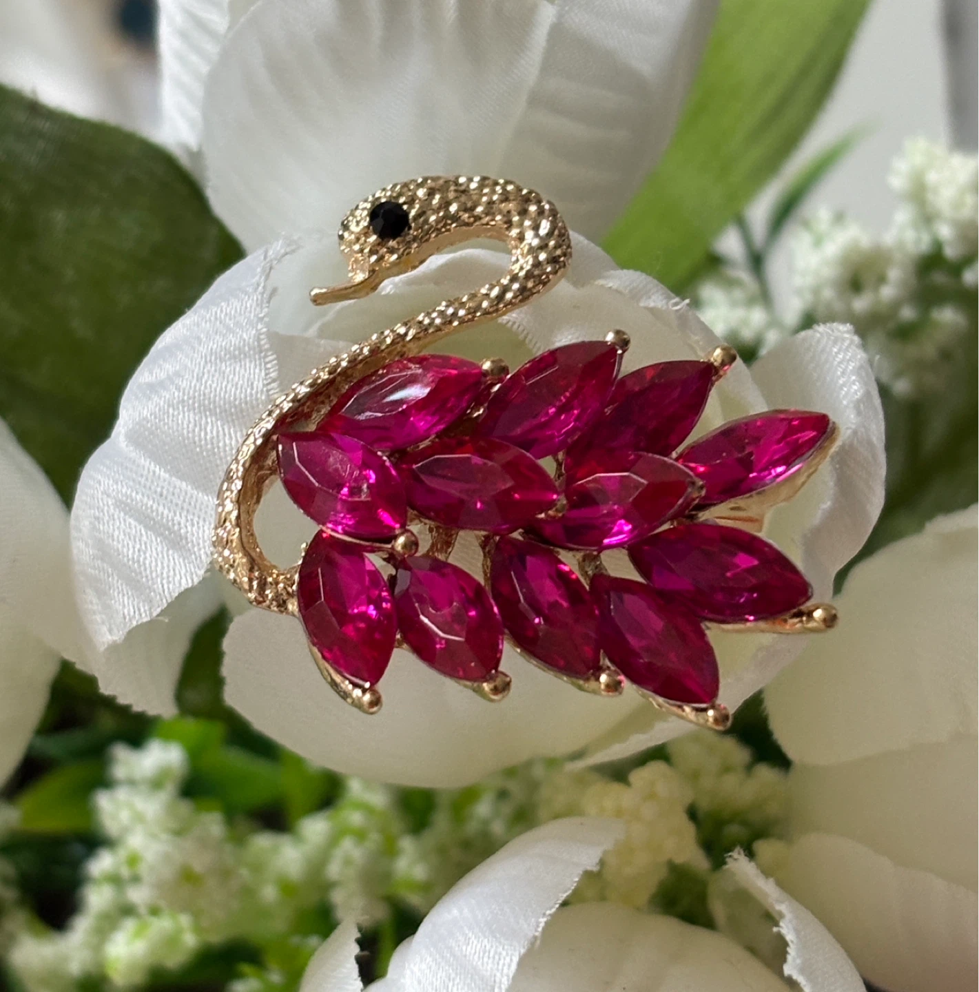 Gold Tone Swan Brooch with Pink Rhinestones