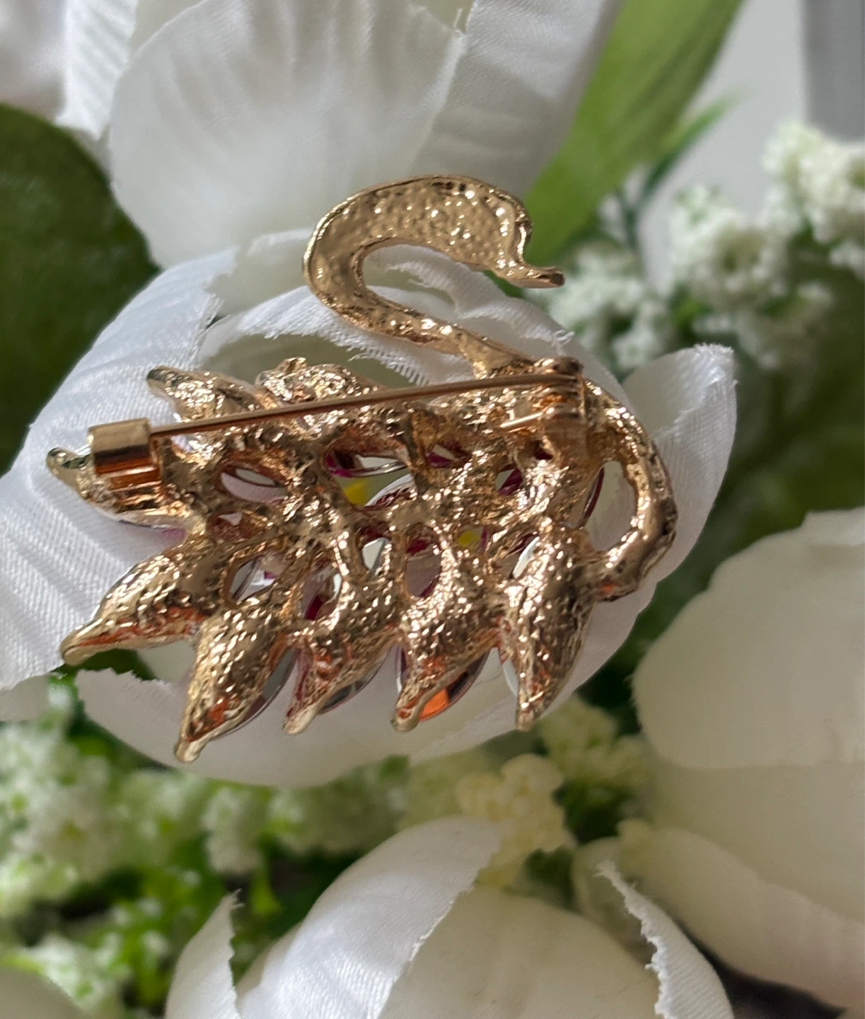 Gold Tone Swan Brooch with Pink Rhinestones - photo 4
