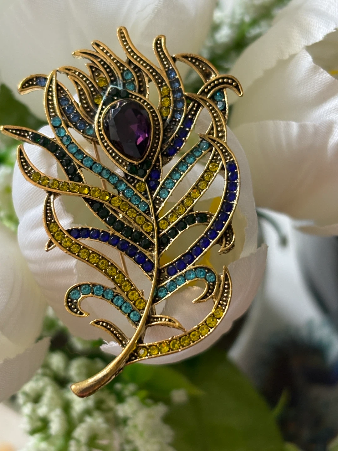 Gold Peacock Feather Brooch with Rhinestones