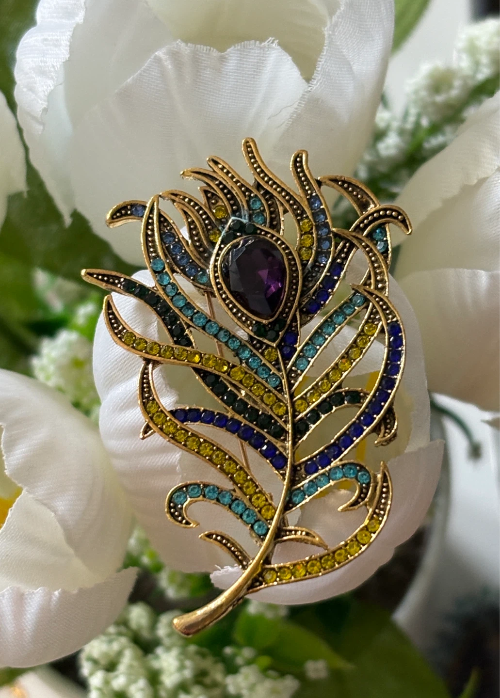 Gold Peacock Feather Brooch with Rhinestones - photo 4