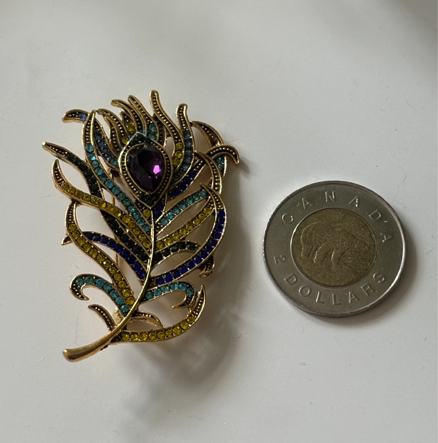 Gold Peacock Feather Brooch with Rhinestones - photo 3