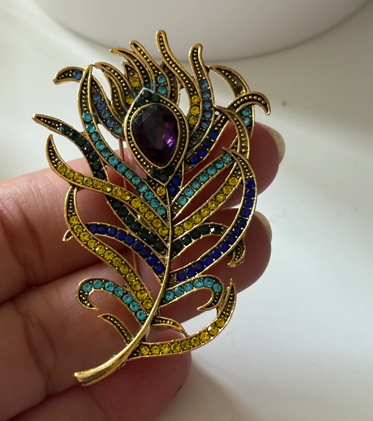 Gold Peacock Feather Brooch with Rhinestones - photo 2