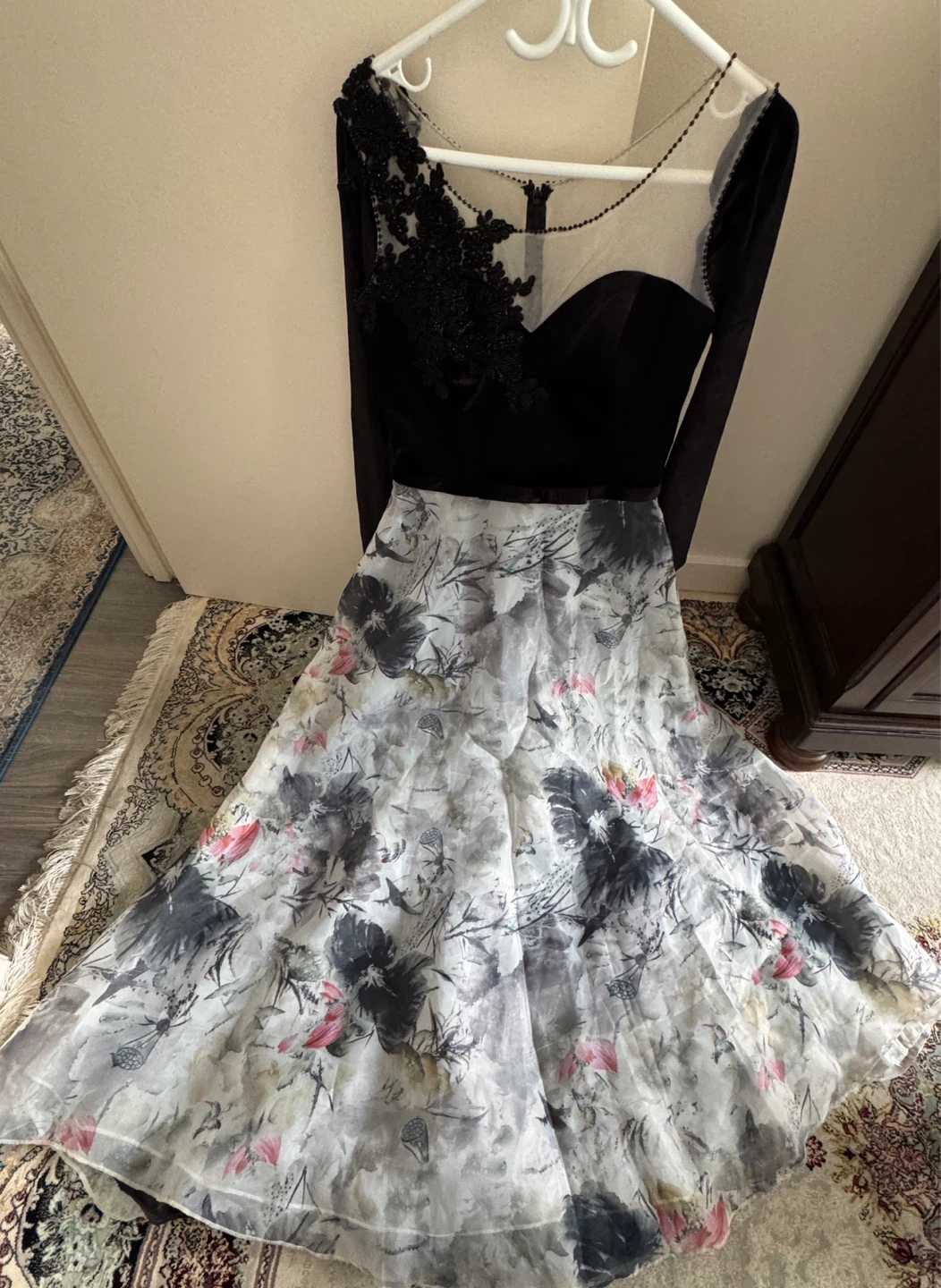 Black Floral Mesh Evening Dress