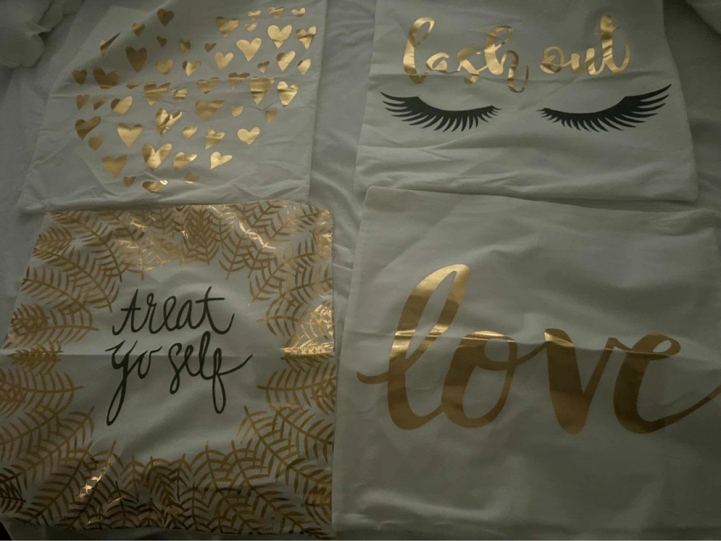 Set of 4 White Pillow Covers with Gold Accents