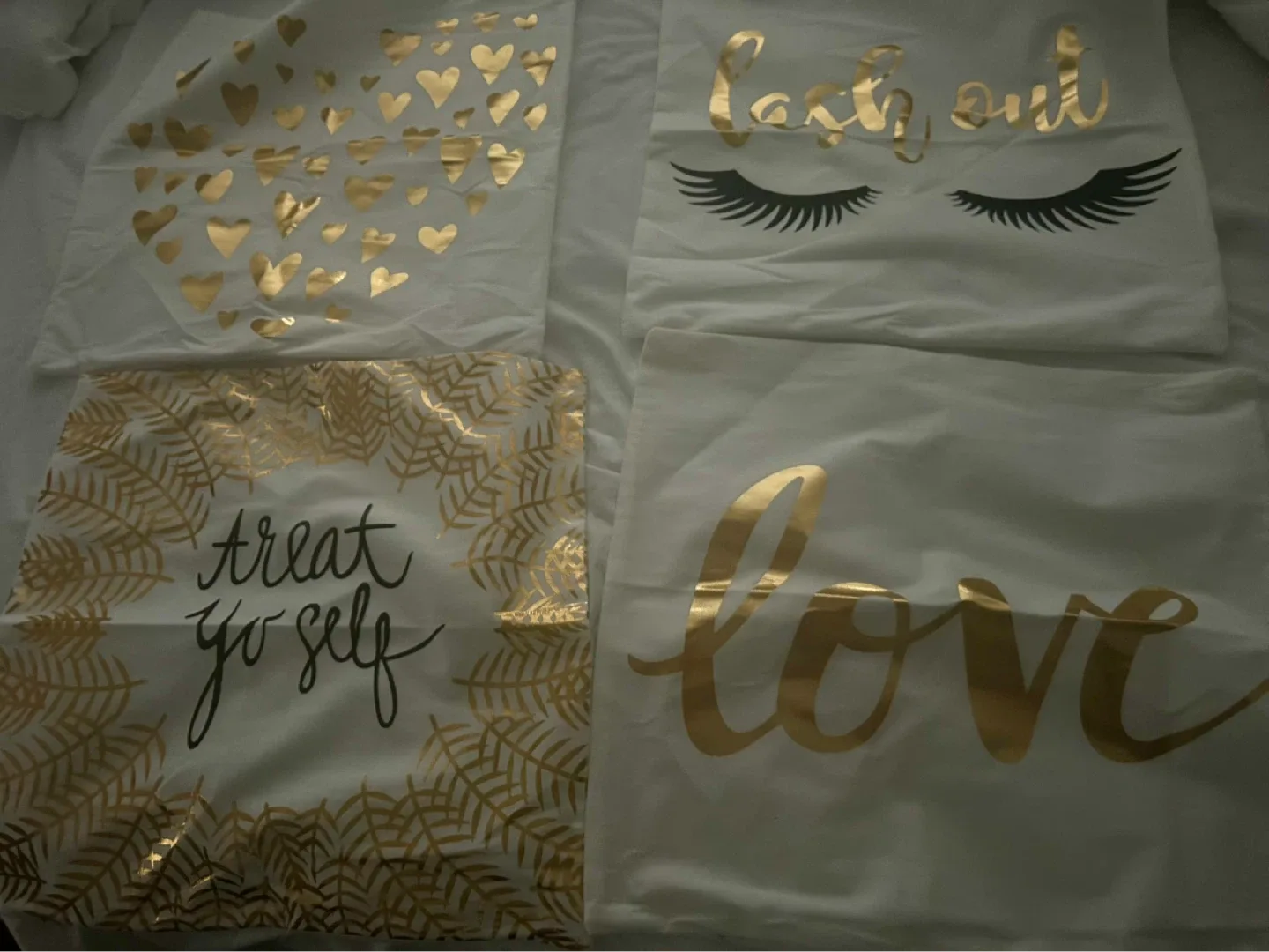 Set of 4 White Pillow Covers with Gold Accents