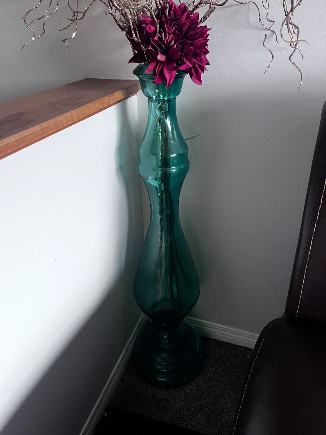Tall Teal Blue Glass Vase with Decorative Branches - photo 3