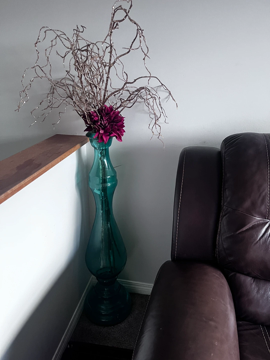 Tall Teal Blue Glass Vase with Decorative Branches