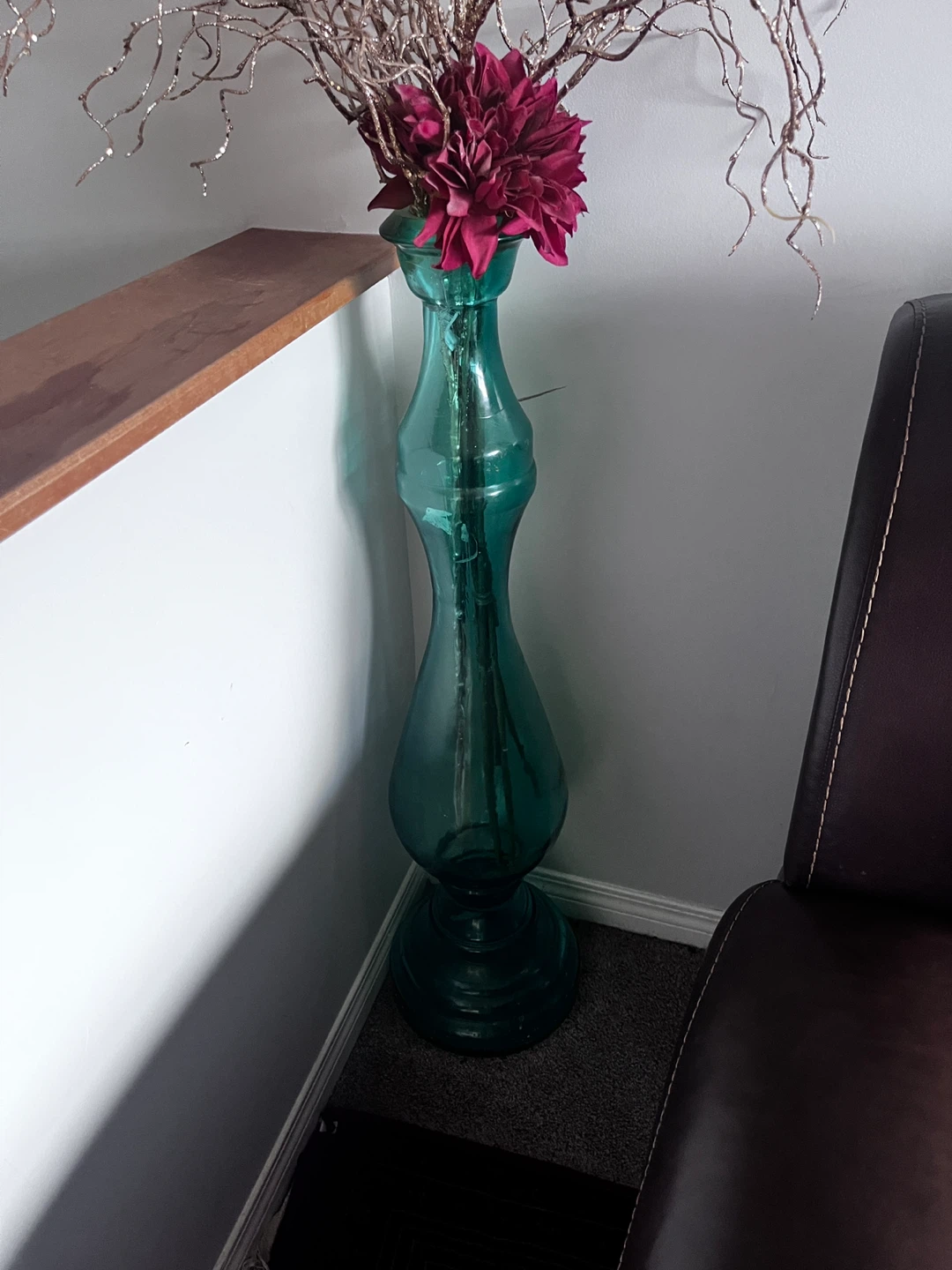 Tall Teal Blue Glass Vase with Decorative Branches - photo 2
