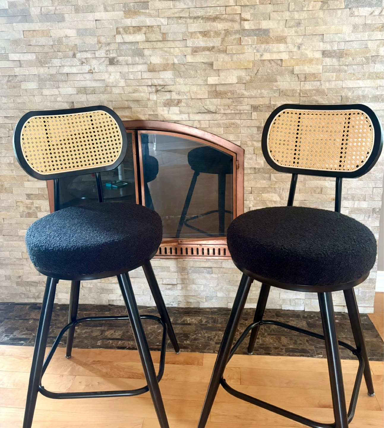 Set of 4 Black Bar Stools with Rattan Back - New