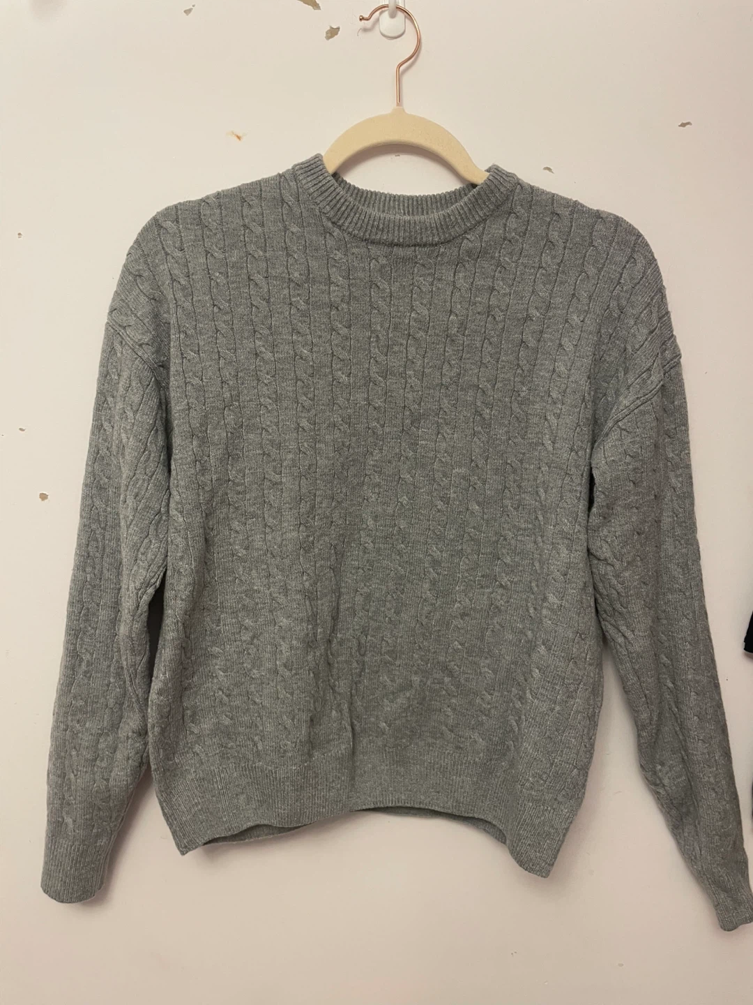 Grey Cable Knit Crewneck Sweater