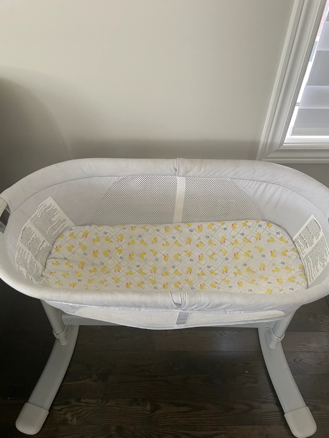 Grey Bassinet with Duck Print Sheet