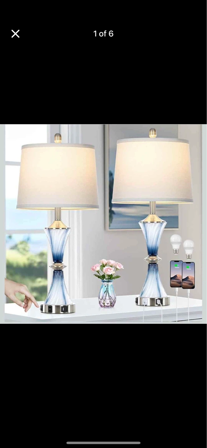 Set of 2 Blue & Silver Table Lamps with USB Ports