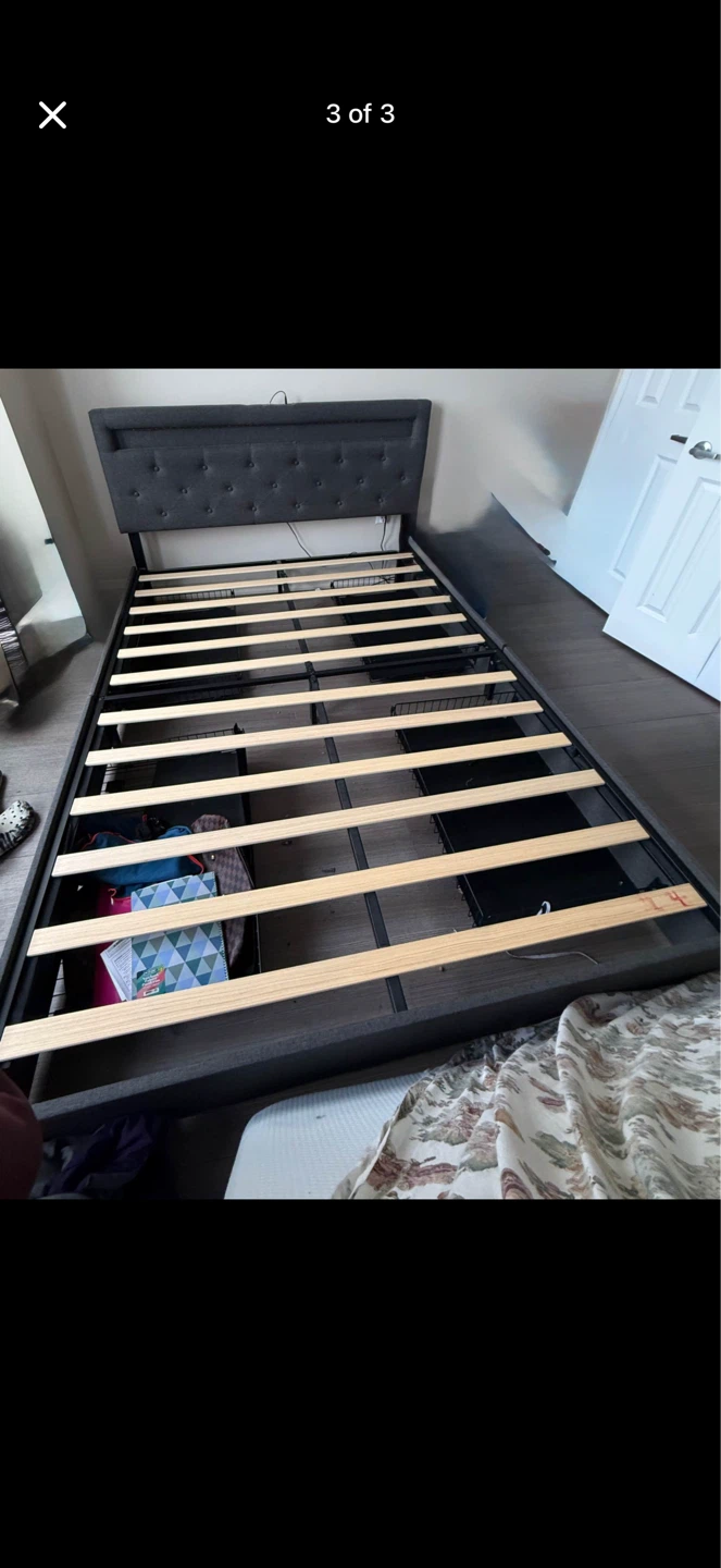 Grey queen size bed frame with LED Lights and USB Ports