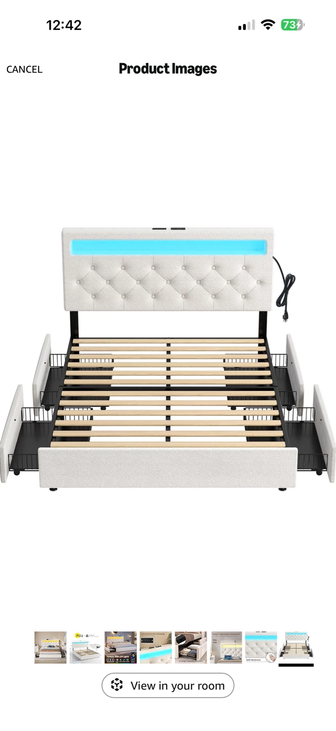 Grey queen size bed frame with LED Lights and USB Ports - photo 4