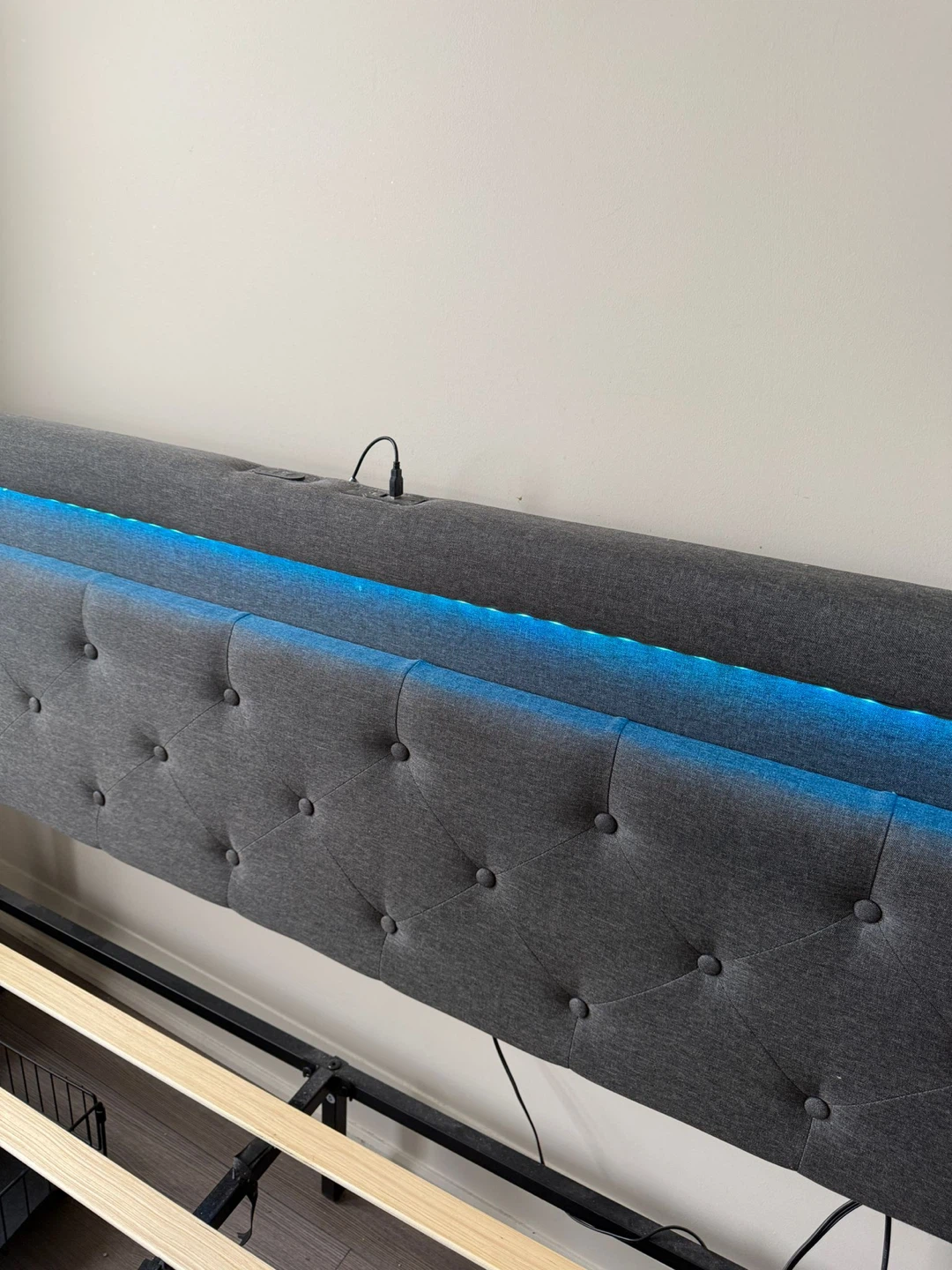 Grey queen size bed frame with LED Lights and USB Ports - photo 2
