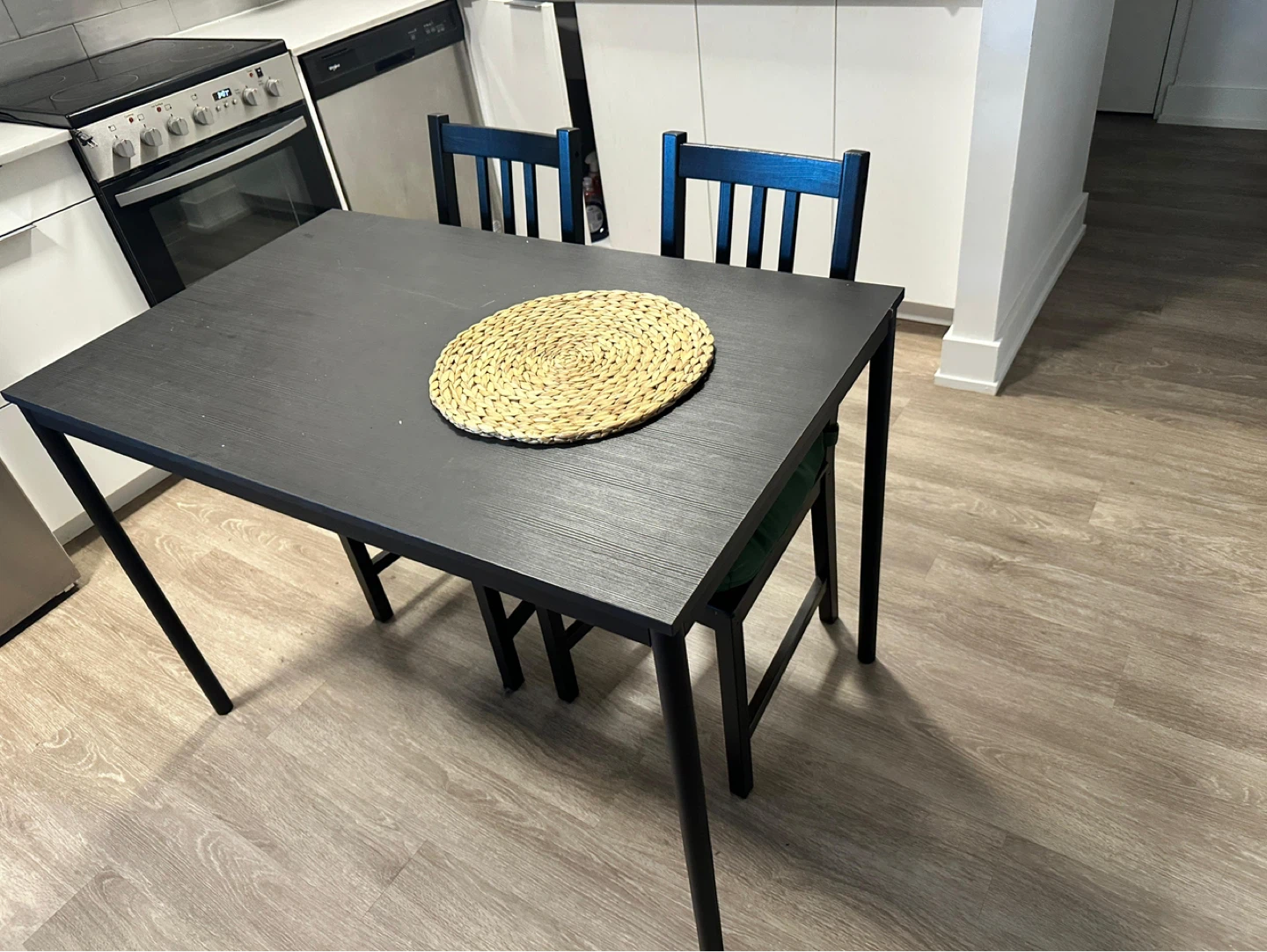 Black Dining Table with 2 Green Cushioned Chairs - photo 3